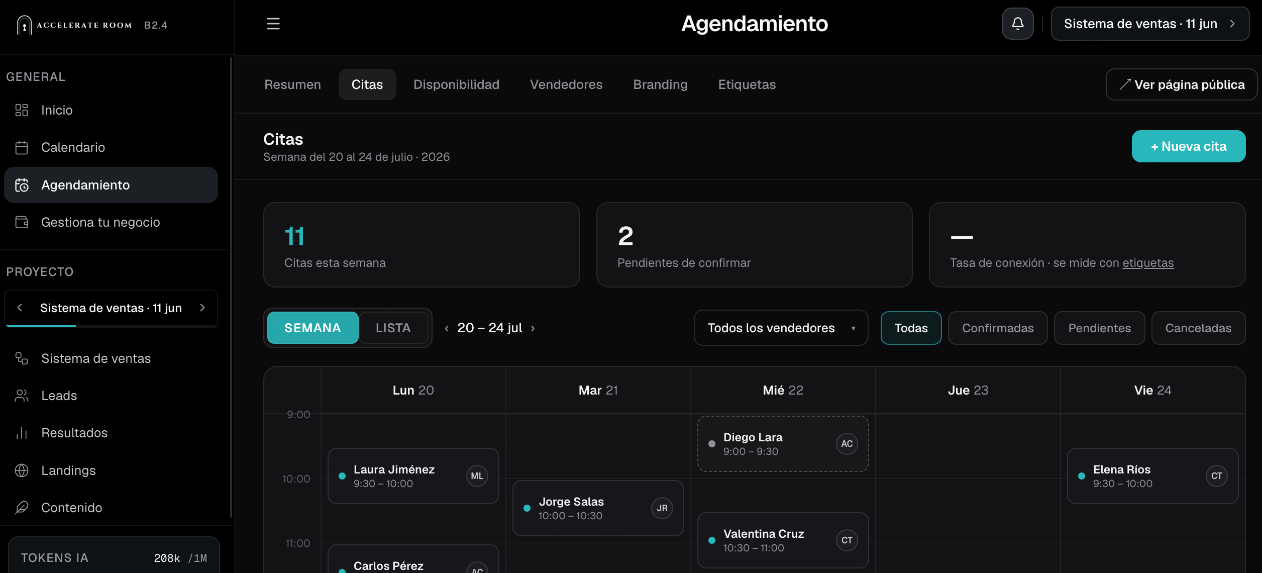 Vista de agendamiento en Accelerate Room: calendario semanal con las citas de los vendedores