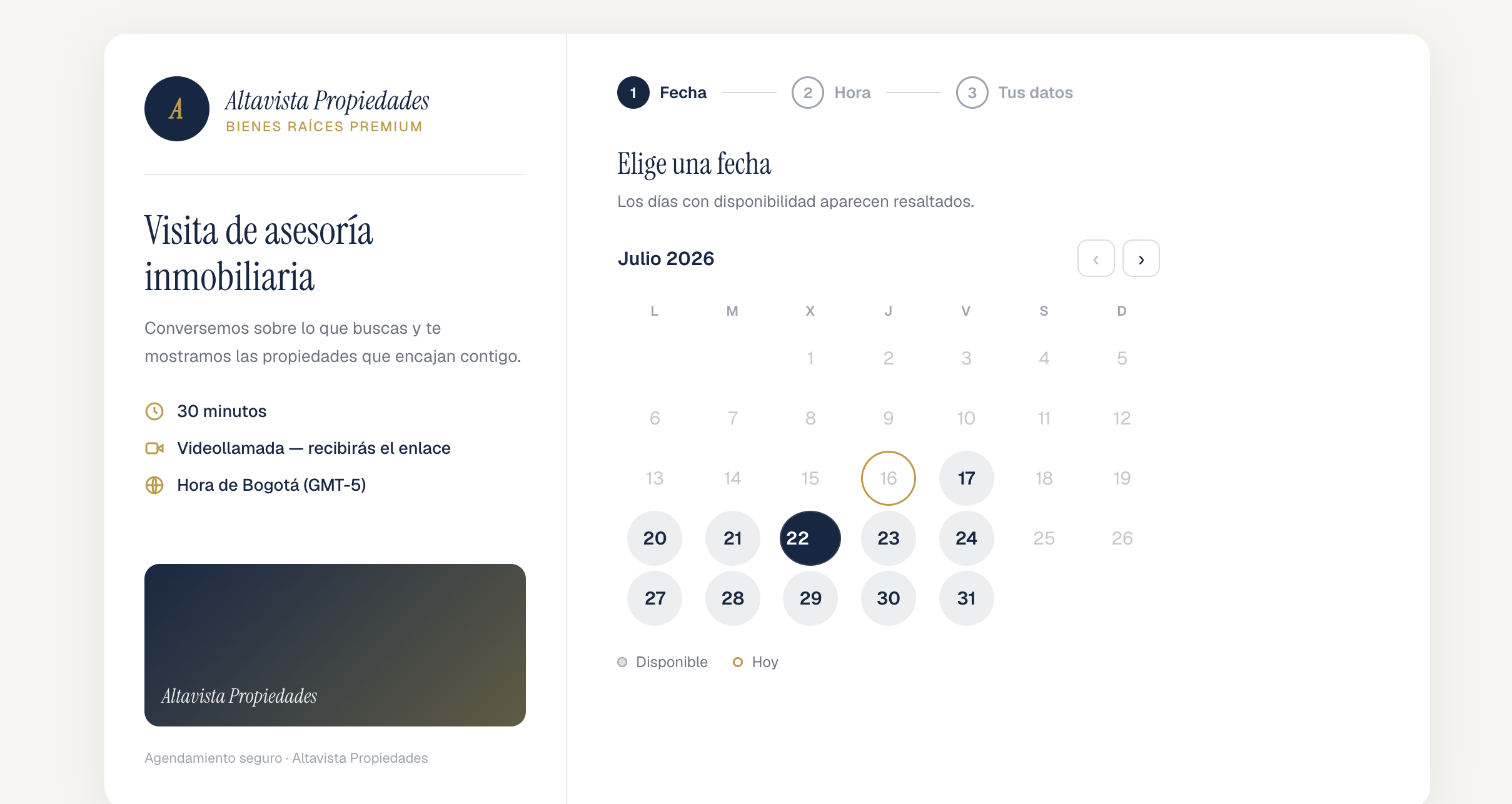 Página pública de agendamiento de Accelerate Room: el prospecto elige fecha y hora para su llamada