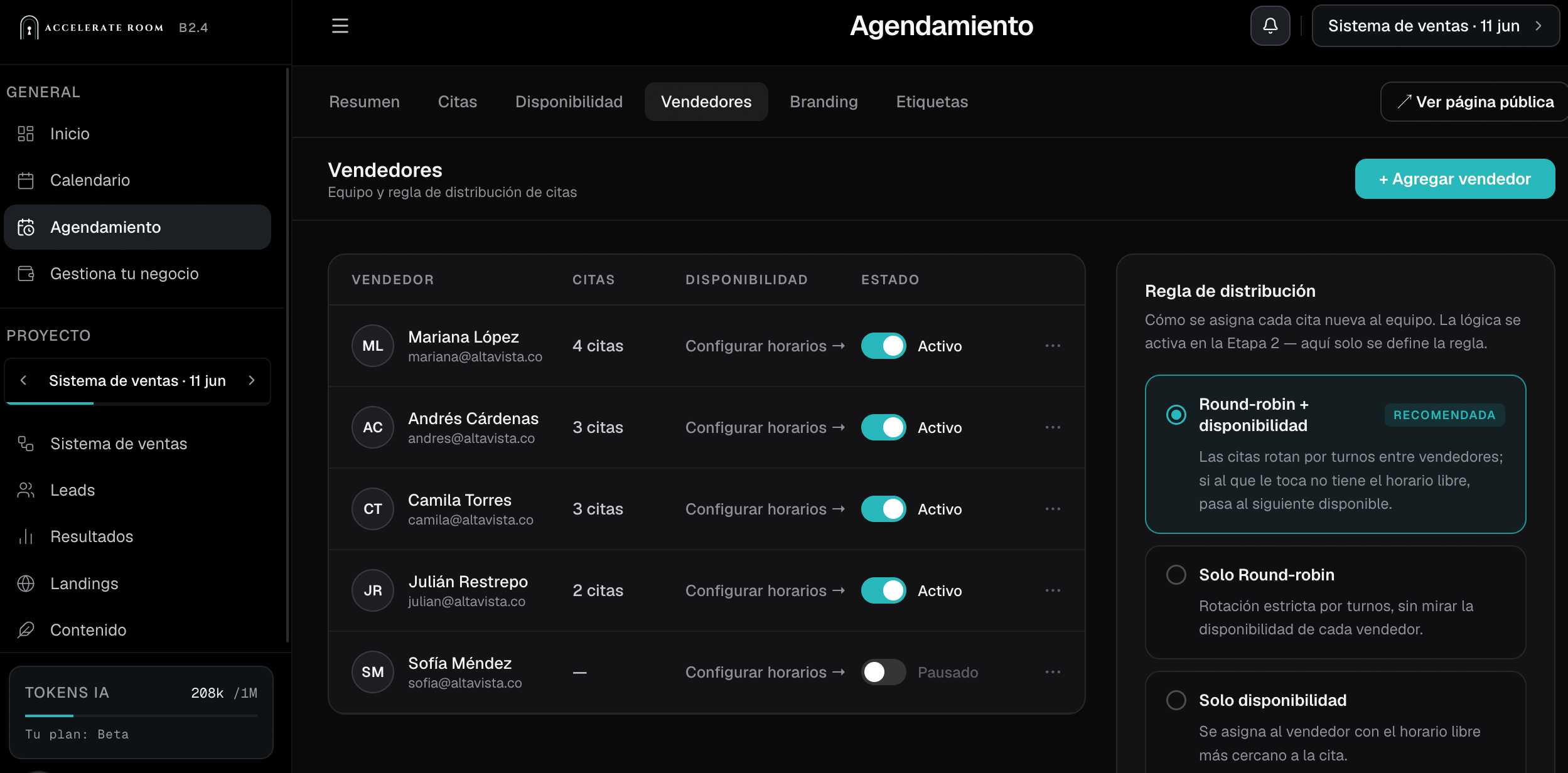 Vista de vendedores en Accelerate Room: equipo de ventas y regla de distribución automática de citas